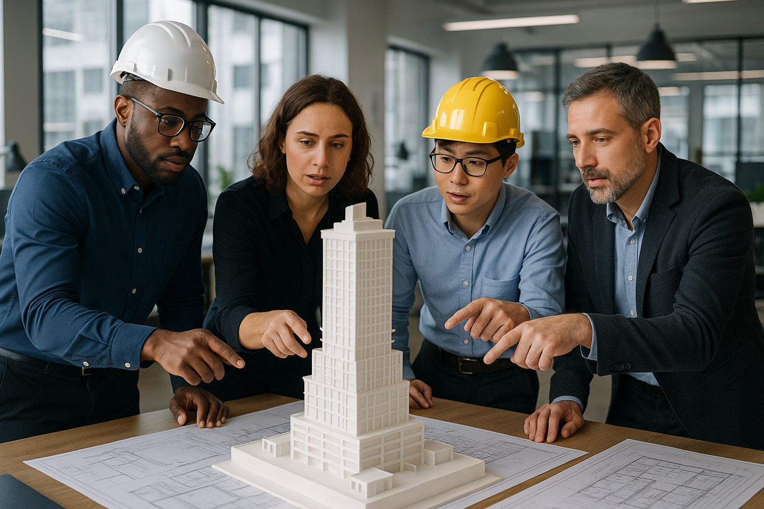 Architects discussing a tower model