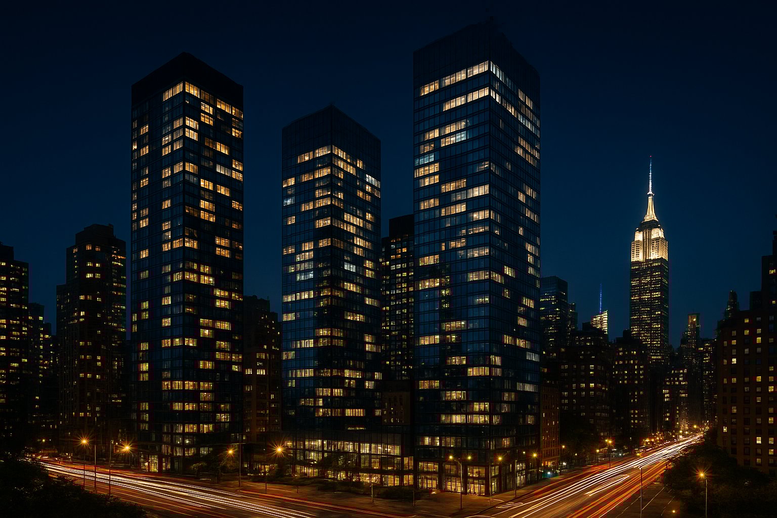 Night view of towers near Midtown skyline
