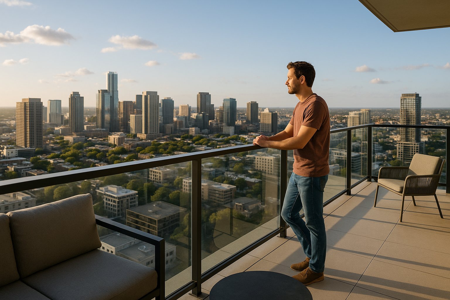 Resident looking out over the city from a balcony